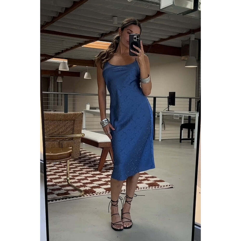 12th Tribe Aubrey Blue Satin Jacquard Midi Dress S